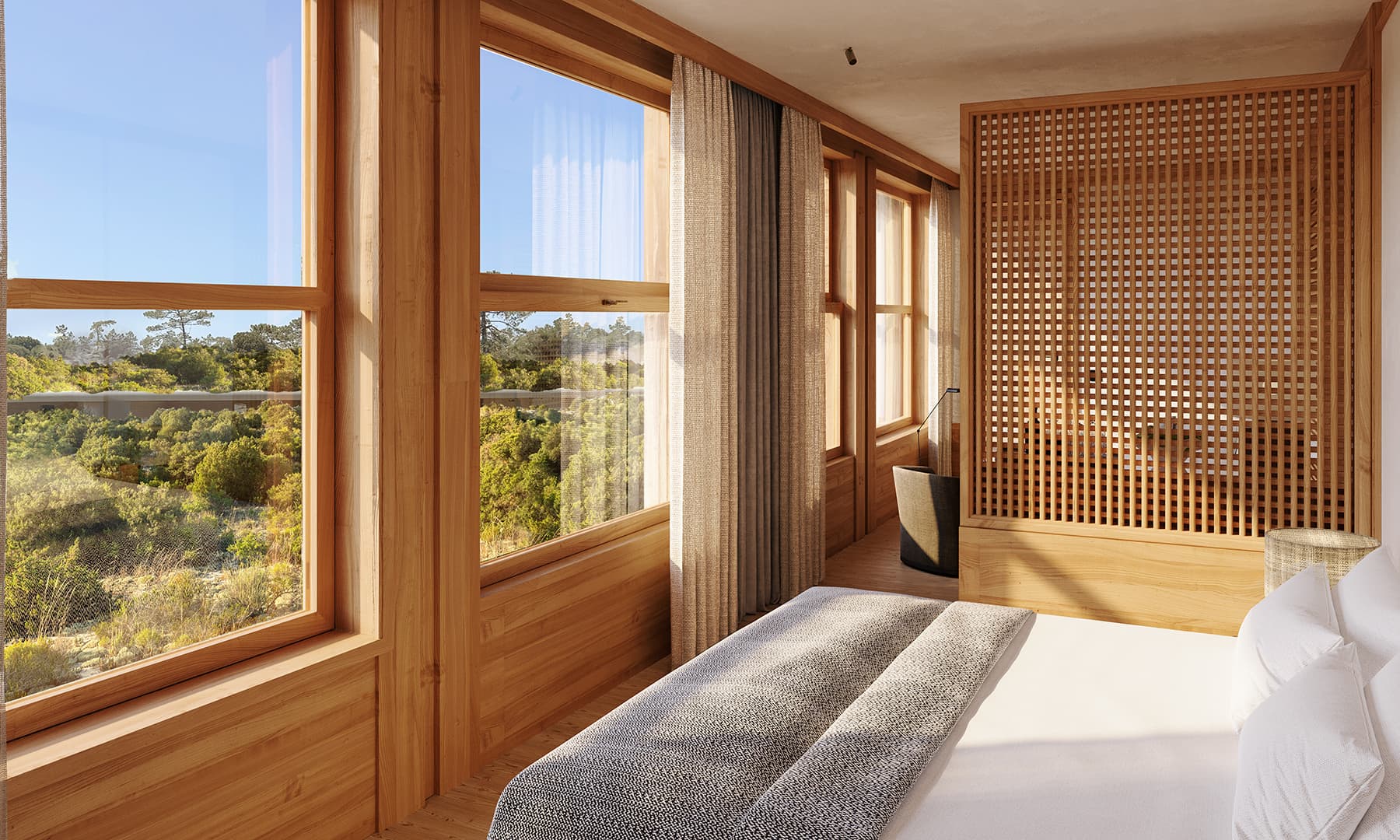 <p>Plush king size-beds and a confortabe living area with views over the dunescape.</p>